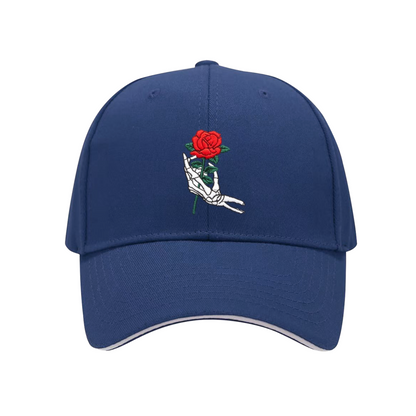 Gothic Skeleton Hand Holding Red Rose Multi-Color Sandwich Embroidered Cap