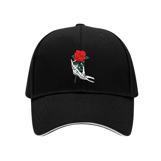 Gothic Skeleton Hand Holding Red Rose Multi-Color Sandwich Embroidered Cap