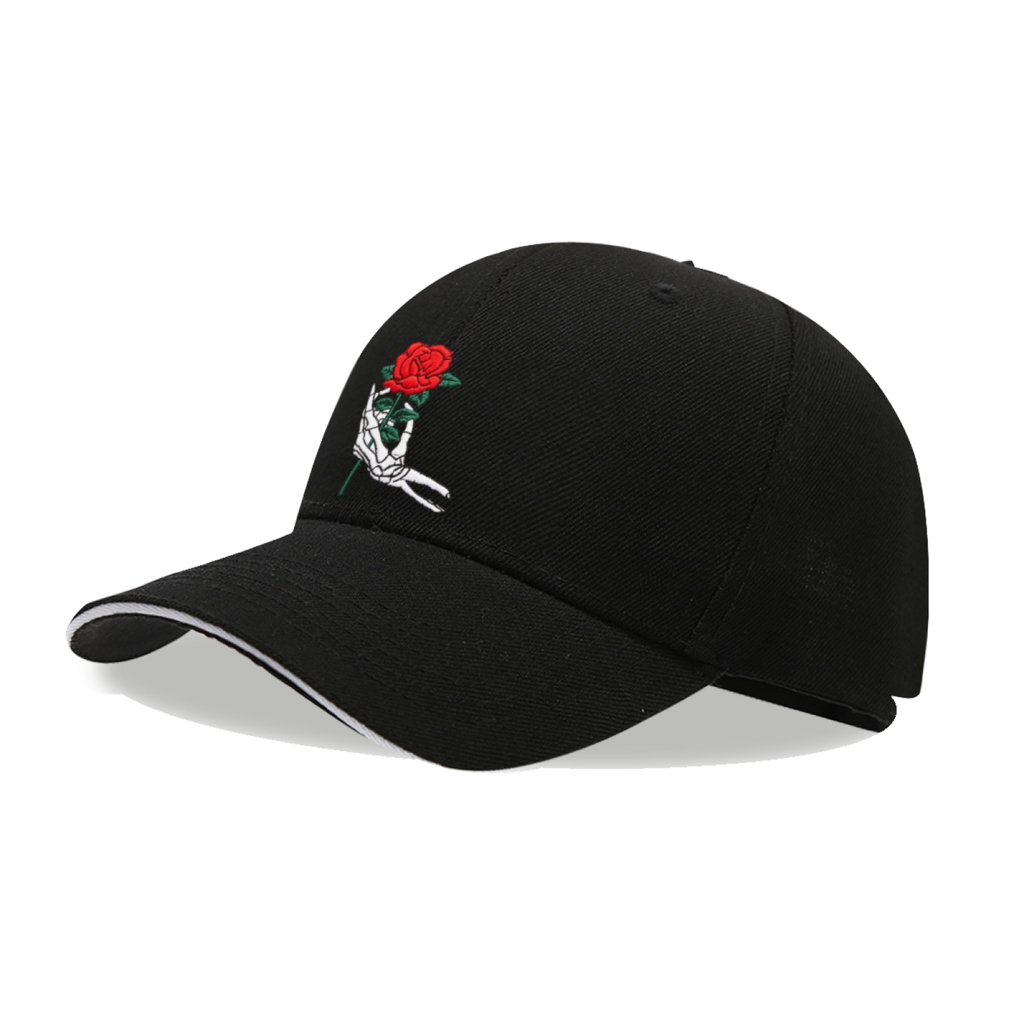 Gothic Skeleton Hand Holding Red Rose Multi-Color Sandwich Embroidered Cap
