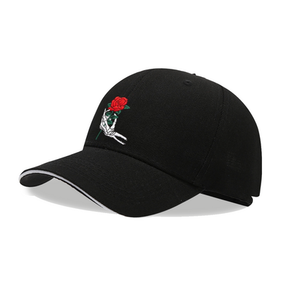 Gothic Skeleton Hand Holding Red Rose Multi-Color Sandwich Embroidered Cap