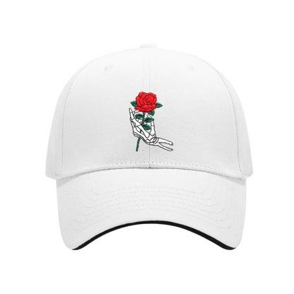 Gothic Skeleton Hand Holding Red Rose Multi-Color Sandwich Embroidered Cap