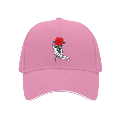 Gothic Skeleton Hand Holding Red Rose Multi-Color Sandwich Embroidered Cap