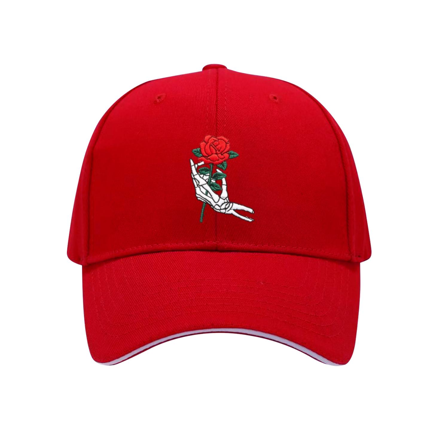 Gothic Skeleton Hand Holding Red Rose Multi-Color Sandwich Embroidered Cap