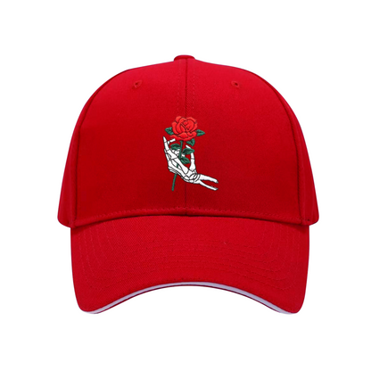Gothic Skeleton Hand Holding Red Rose Multi-Color Sandwich Embroidered Cap