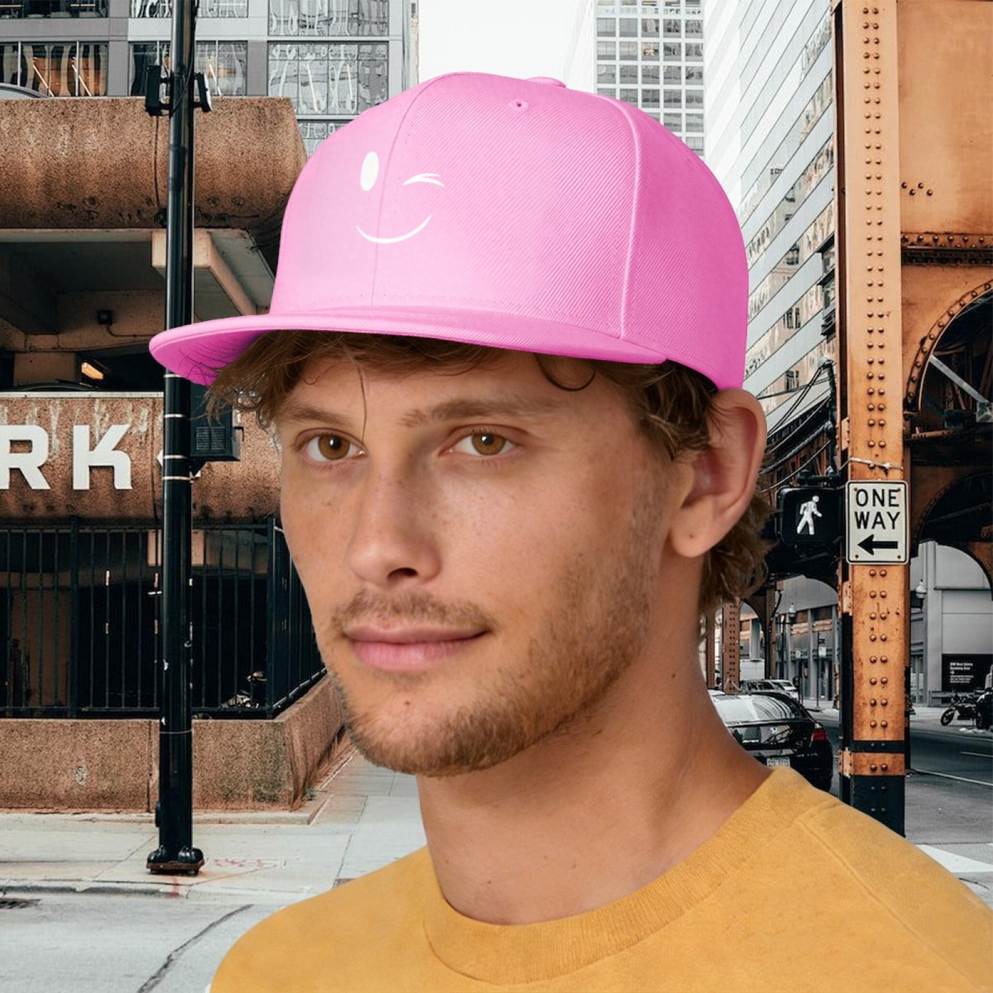 Cute Wink Smiley Pink Flat Bill Casual Sun Hat For Daily