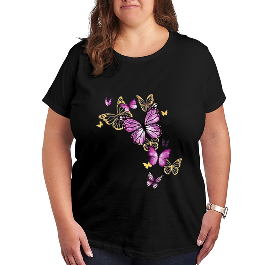 Dreamy Purple Gold Glowing Butterfly Aesthetic Plus Size Women Printed T-Shirt