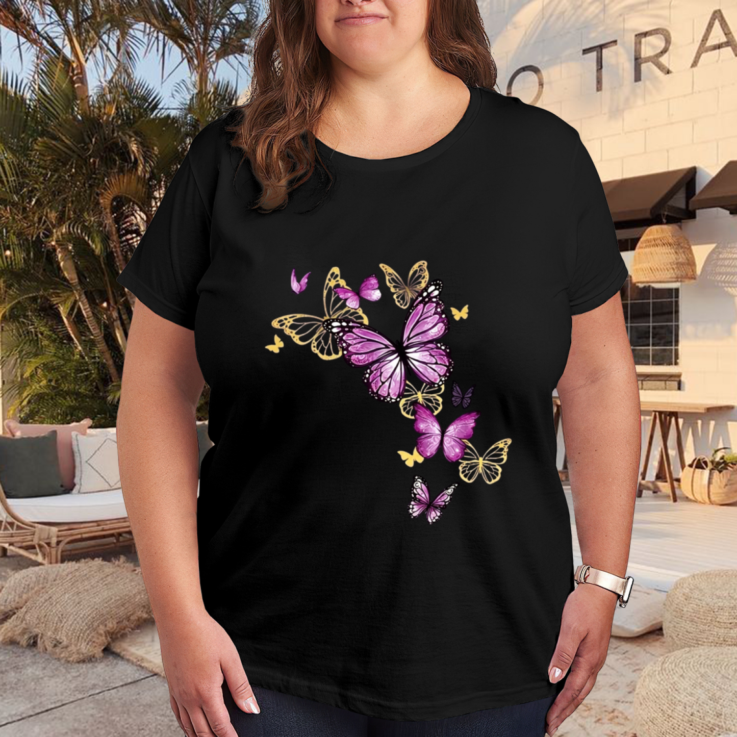 Dreamy Purple Gold Glowing Butterfly Aesthetic Plus Size Women Printed T-Shirt