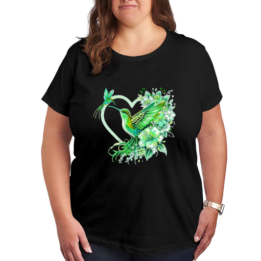 Sparkling Green Hummingbird Floral Hollow Heart Plus Size Women Printed T-Shirt