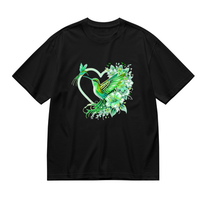 Sparkling Green Hummingbird Floral Hollow Heart Plus Size Women Printed T-Shirt