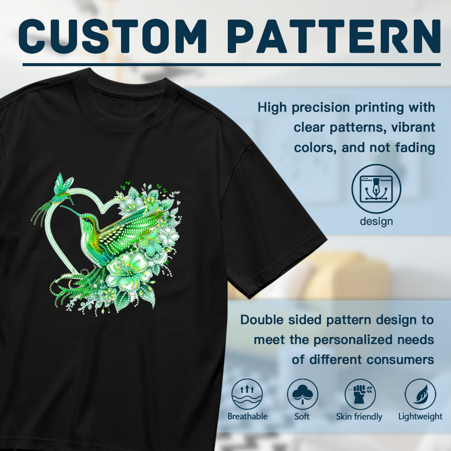 Sparkling Green Hummingbird Floral Hollow Heart Plus Size Women Printed T-Shirt