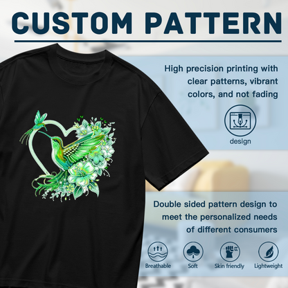 Sparkling Green Hummingbird Floral Hollow Heart Plus Size Women Printed T-Shirt