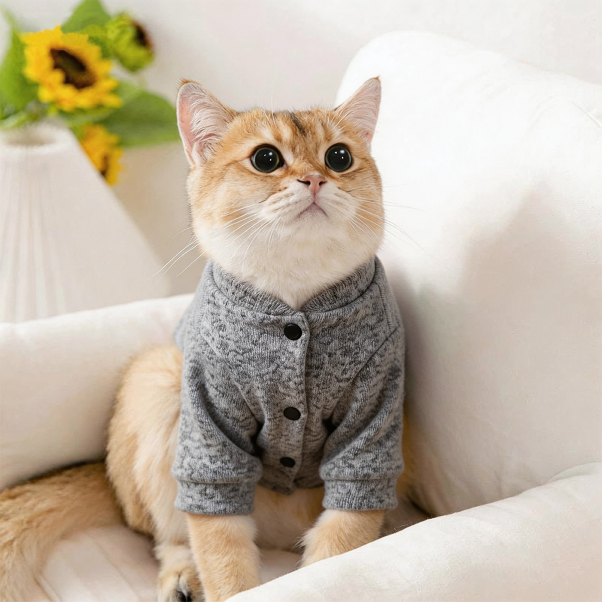 Cute Hello Kitty Floral Pet Cardigan Sweater, Soft Heather Gray Kitten Puppy Clothes