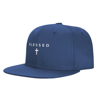 BLESSED Cross Faith Print Navy Flat Brim Snapback Sun Hat, Religious Inspirational Street Cap