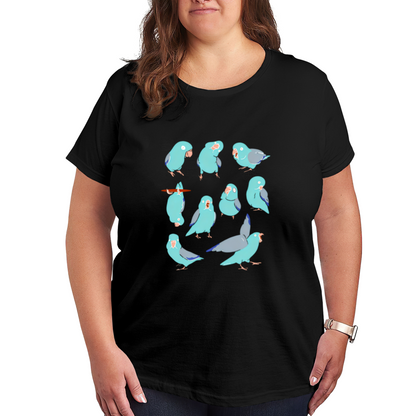 Cute Flock of Baby Blue Parakeets Cartoon Print Plus Size White Ladies T-Shirt