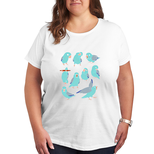 Cute Flock of Baby Blue Parakeets Cartoon Print Plus Size White Ladies T-Shirt