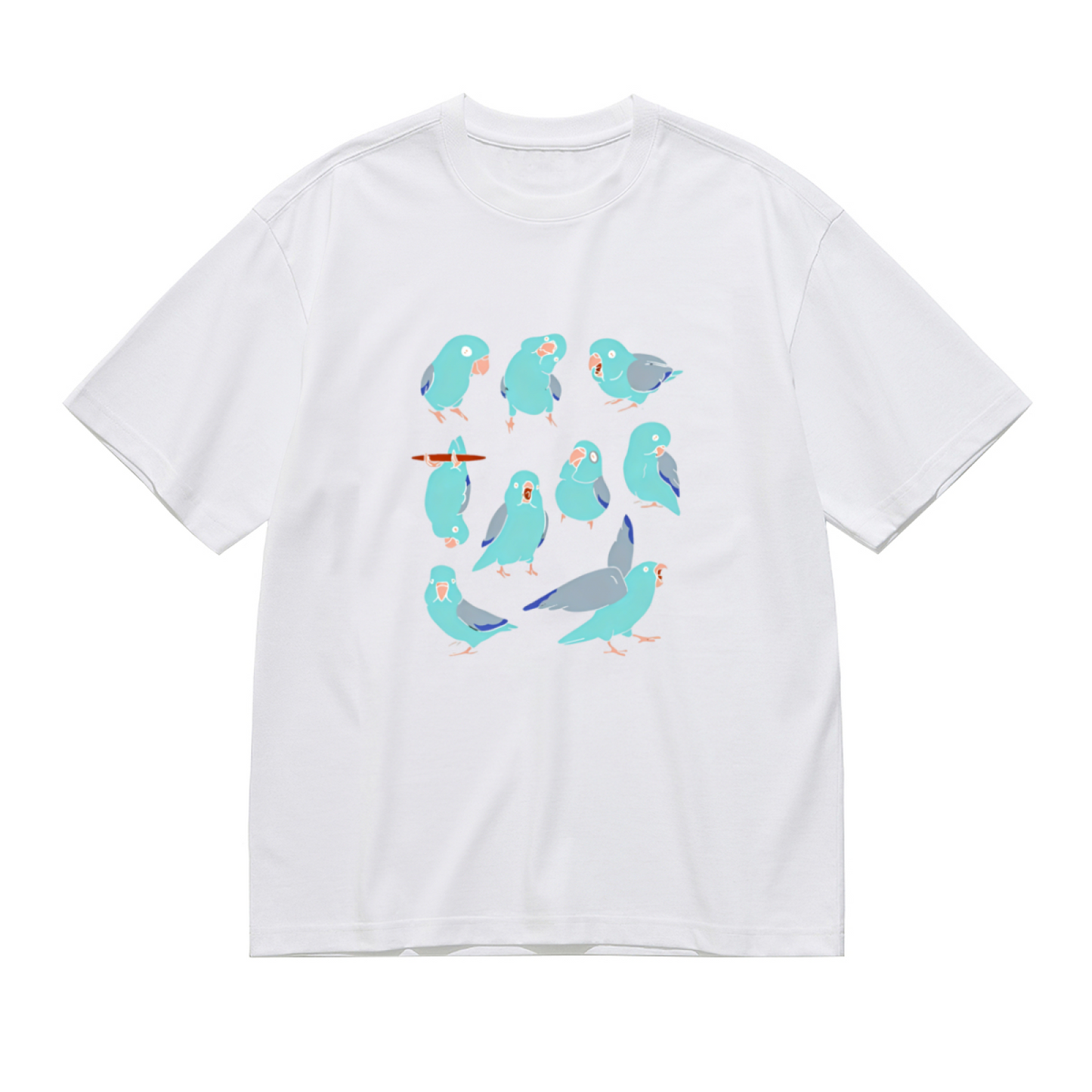 Cute Flock of Baby Blue Parakeets Cartoon Print Plus Size White Ladies T-Shirt