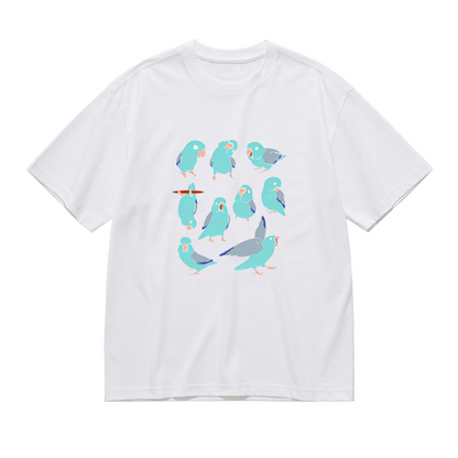 Cute Flock of Baby Blue Parakeets Cartoon Print Plus Size White Ladies T-Shirt