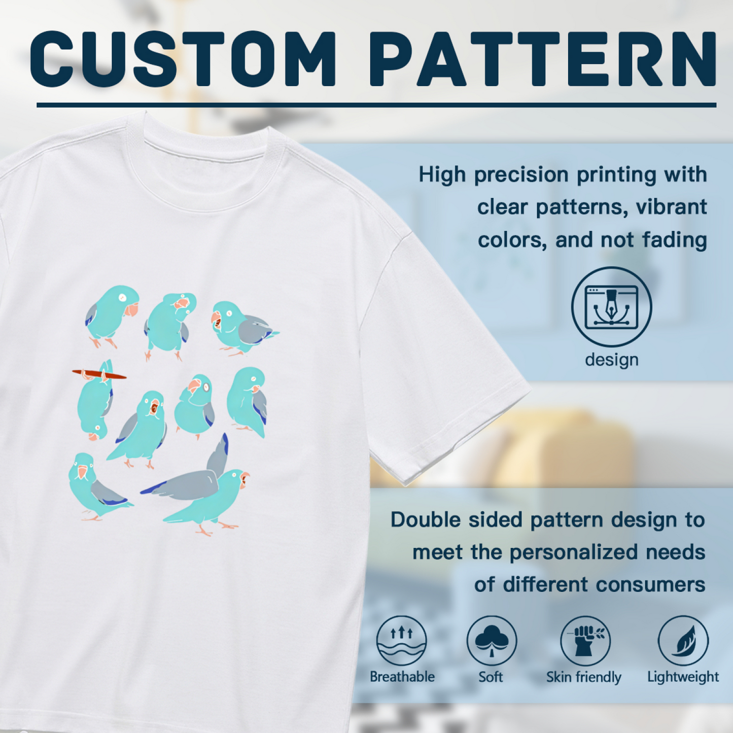 Cute Flock of Baby Blue Parakeets Cartoon Print Plus Size White Ladies T-Shirt