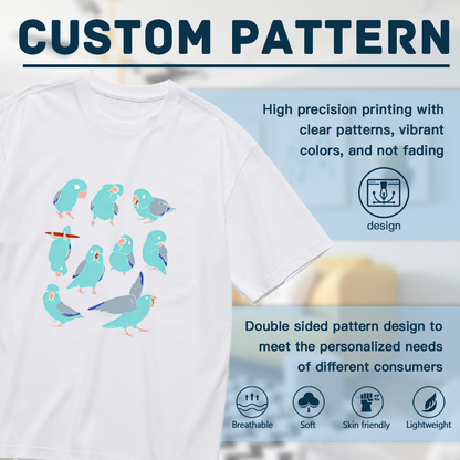Cute Flock of Baby Blue Parakeets Cartoon Print Plus Size White Ladies T-Shirt