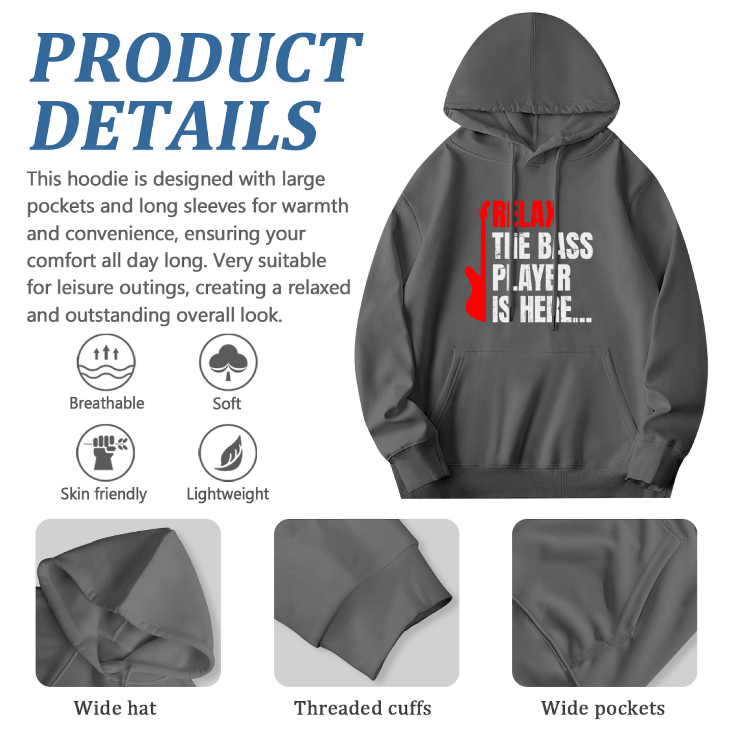 Relax The Bass Player Music Gray Hoodie, Daily Comfortable Pullover