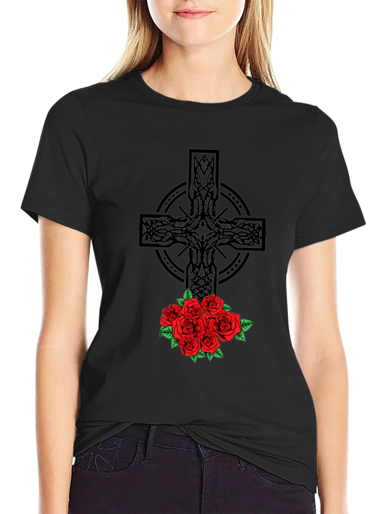 Celtic Cross & Roses Graphic Tee