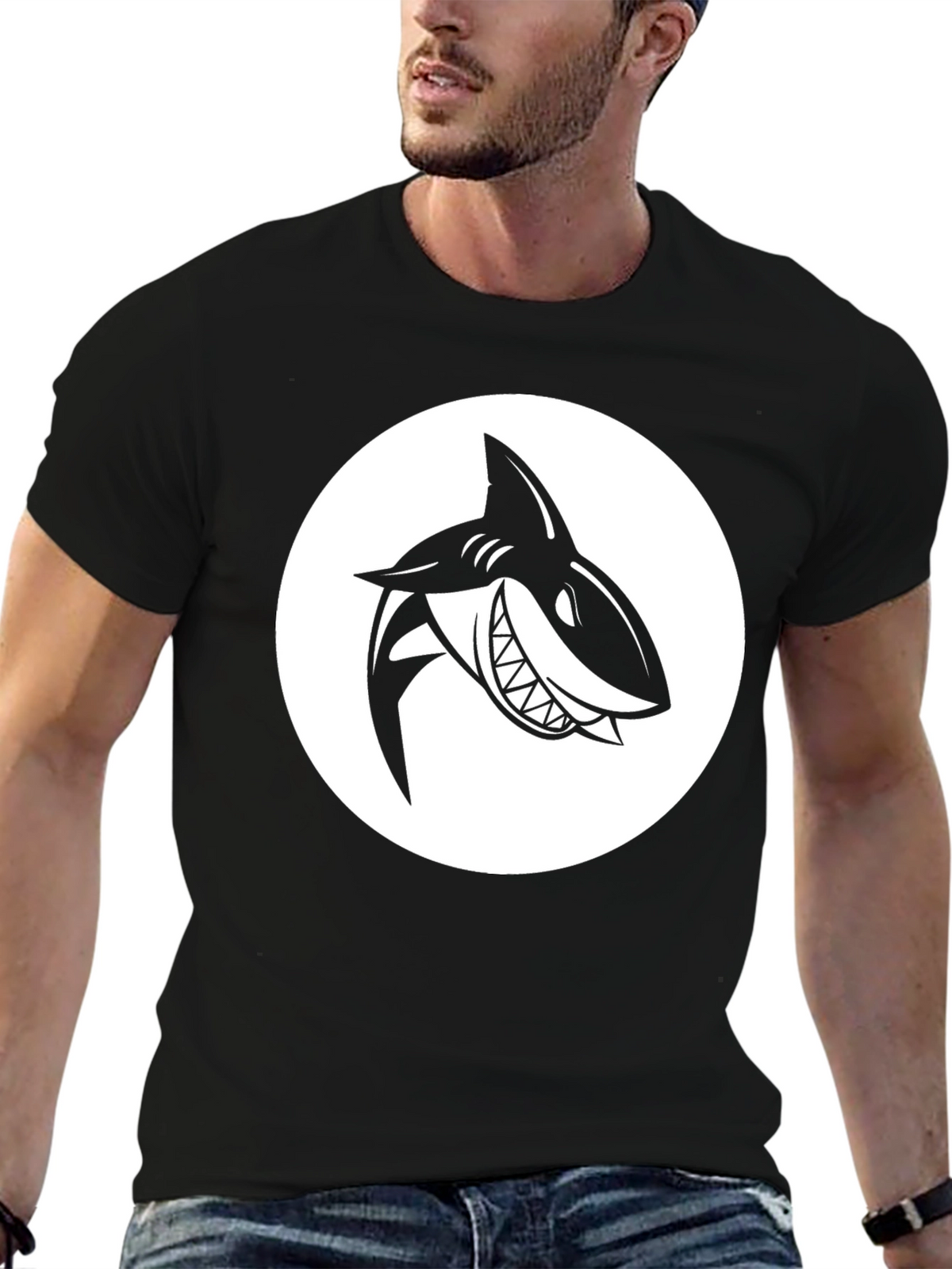 Shark Graphic Tee - Mens Black Crew Neck T-Shirt