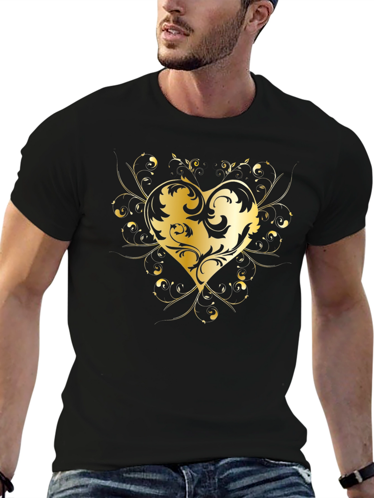 Elegant Golden Heart Graphic Black T-Shirt