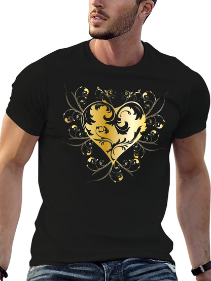 Elegant Golden Heart Graphic Black T-Shirt