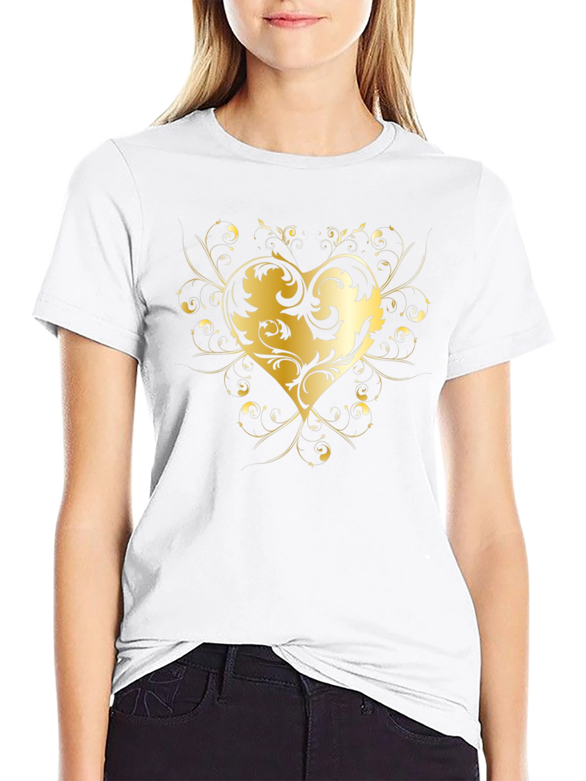 Elegant Golden Heart Graphic Black T-Shirt