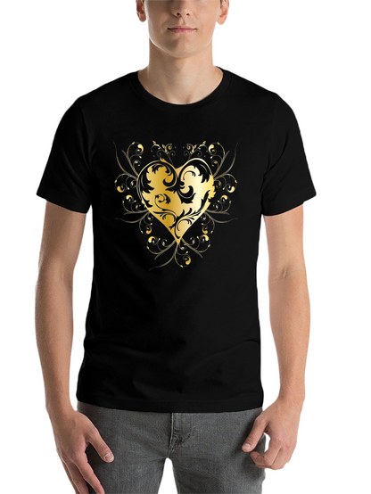 Elegant Golden Heart Graphic Black T-Shirt