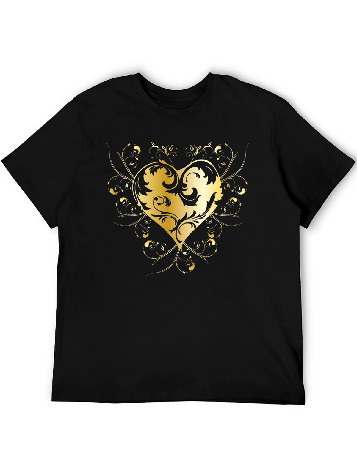 Elegant Golden Heart Graphic Black T-Shirt