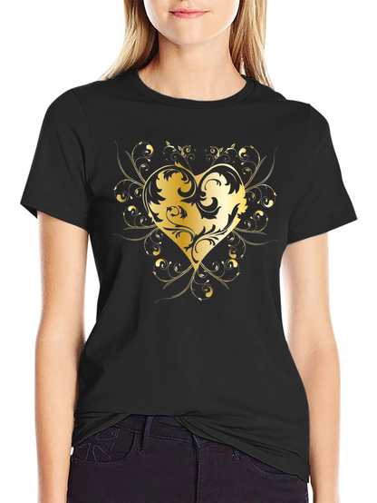 Elegant Golden Heart Graphic Black T-Shirt