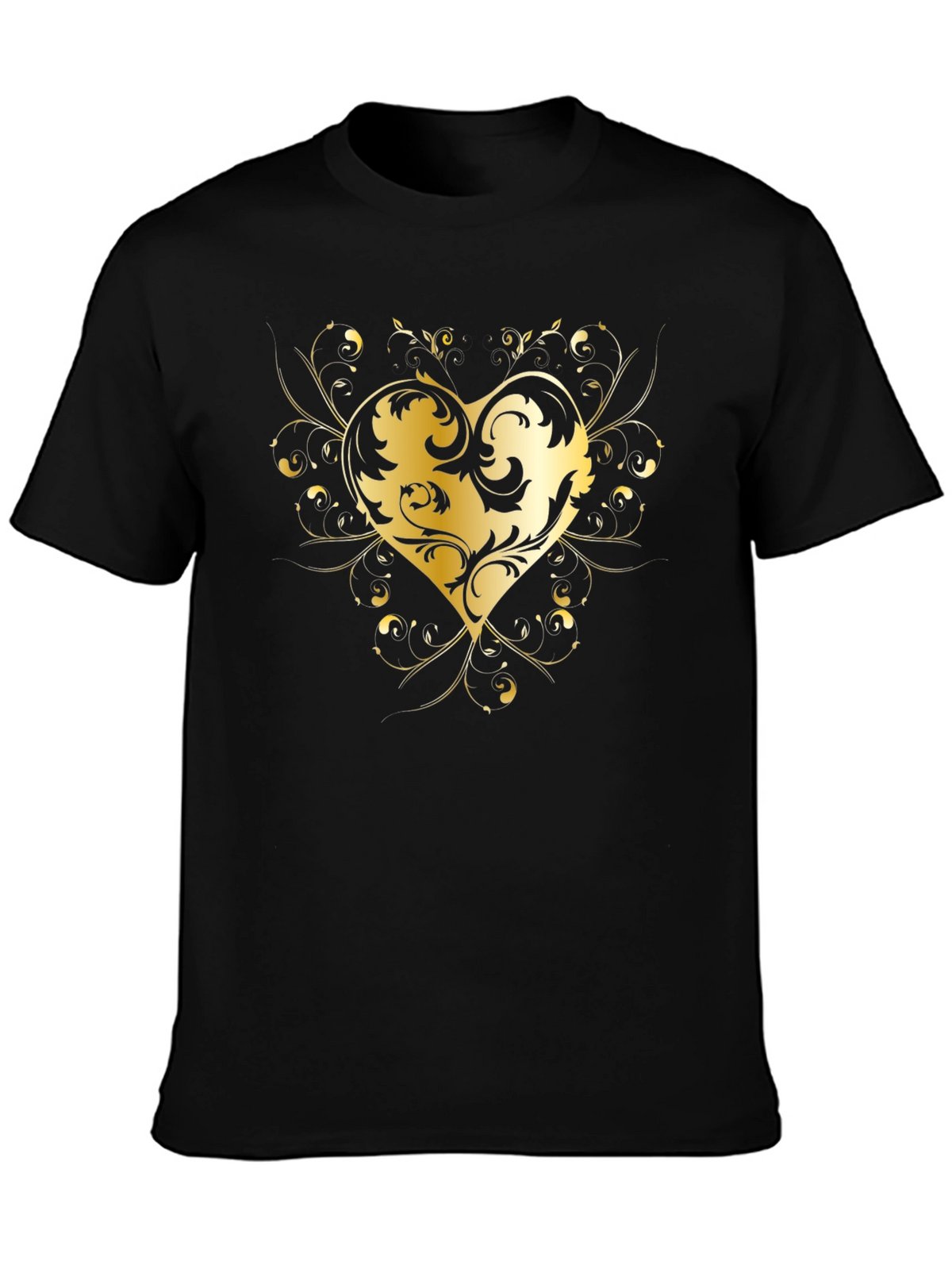 Elegant Golden Heart Graphic Black T-Shirt