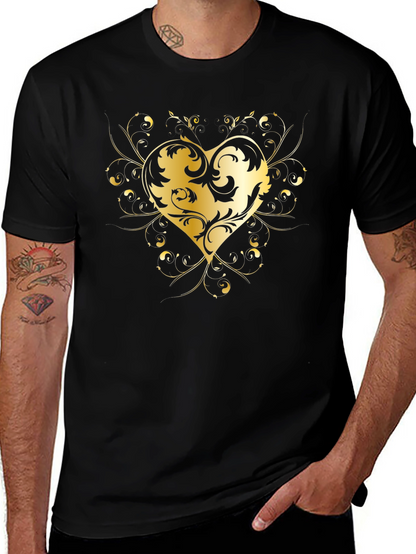 Elegant Golden Heart Graphic Black T-Shirt