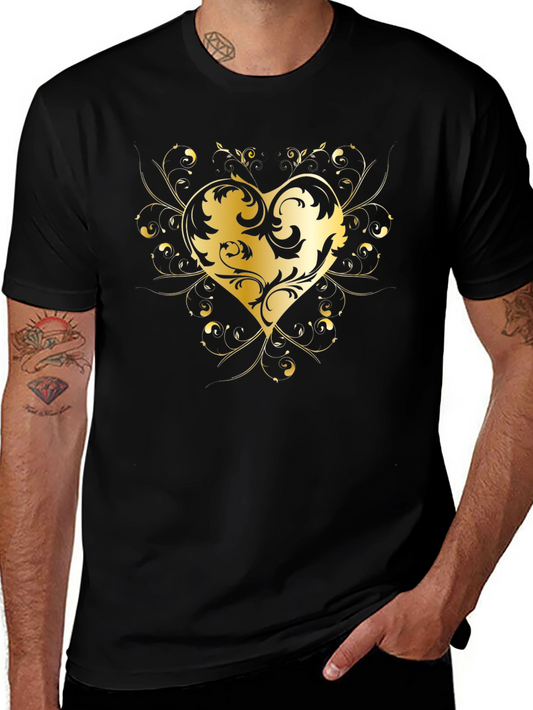 Elegant Golden Heart Graphic Black T-Shirt