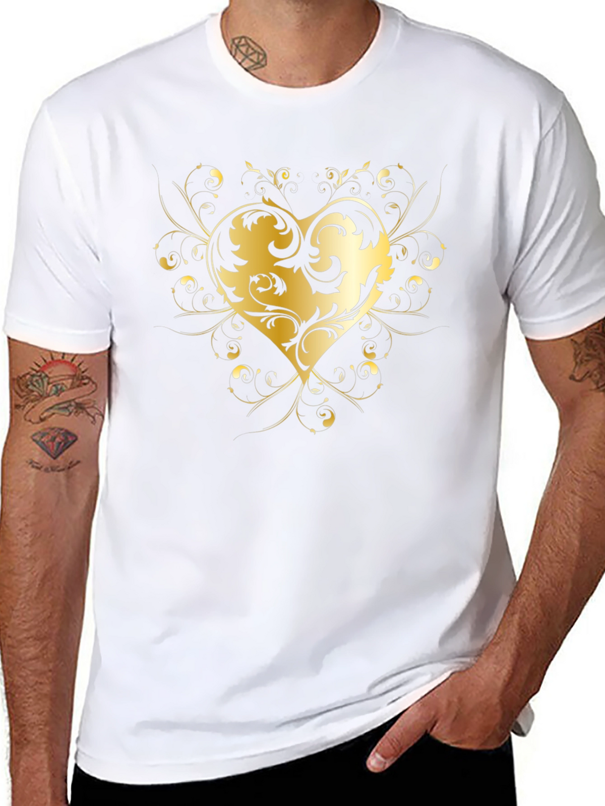 Elegant Golden Heart Graphic Black T-Shirt