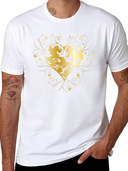 Elegant Golden Heart Graphic Black T-Shirt