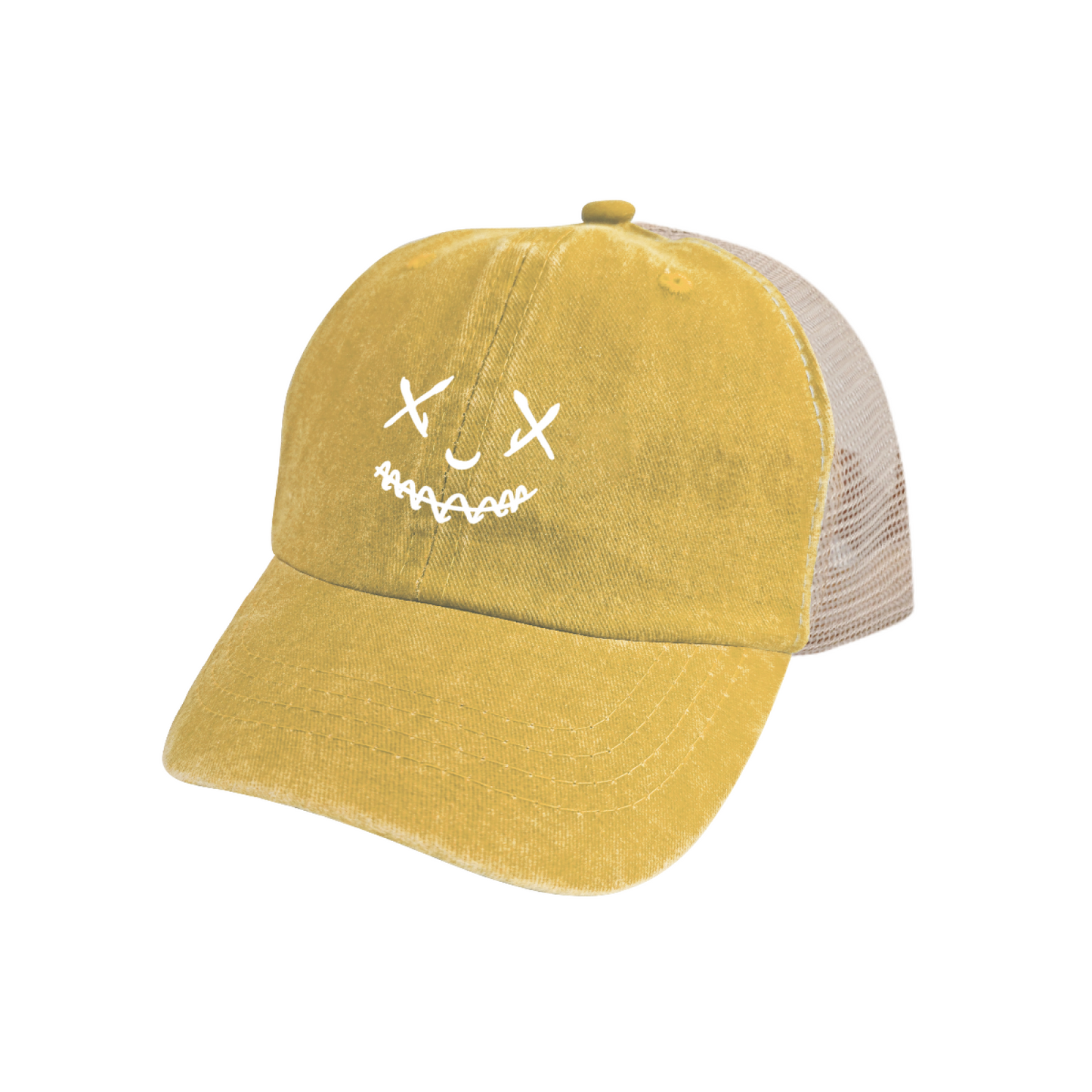 Spooky X Eyes Stitch Smile Face Vintage Washed Mesh Hat, Edgy Street Trucker Cap