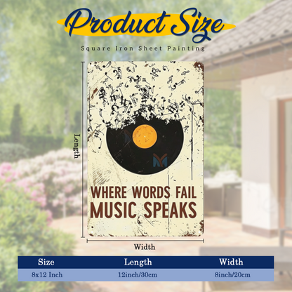 Vintage Vinyl Metal Tin Sign Where Words Fail Music Speaks Retro Music Wall Decor