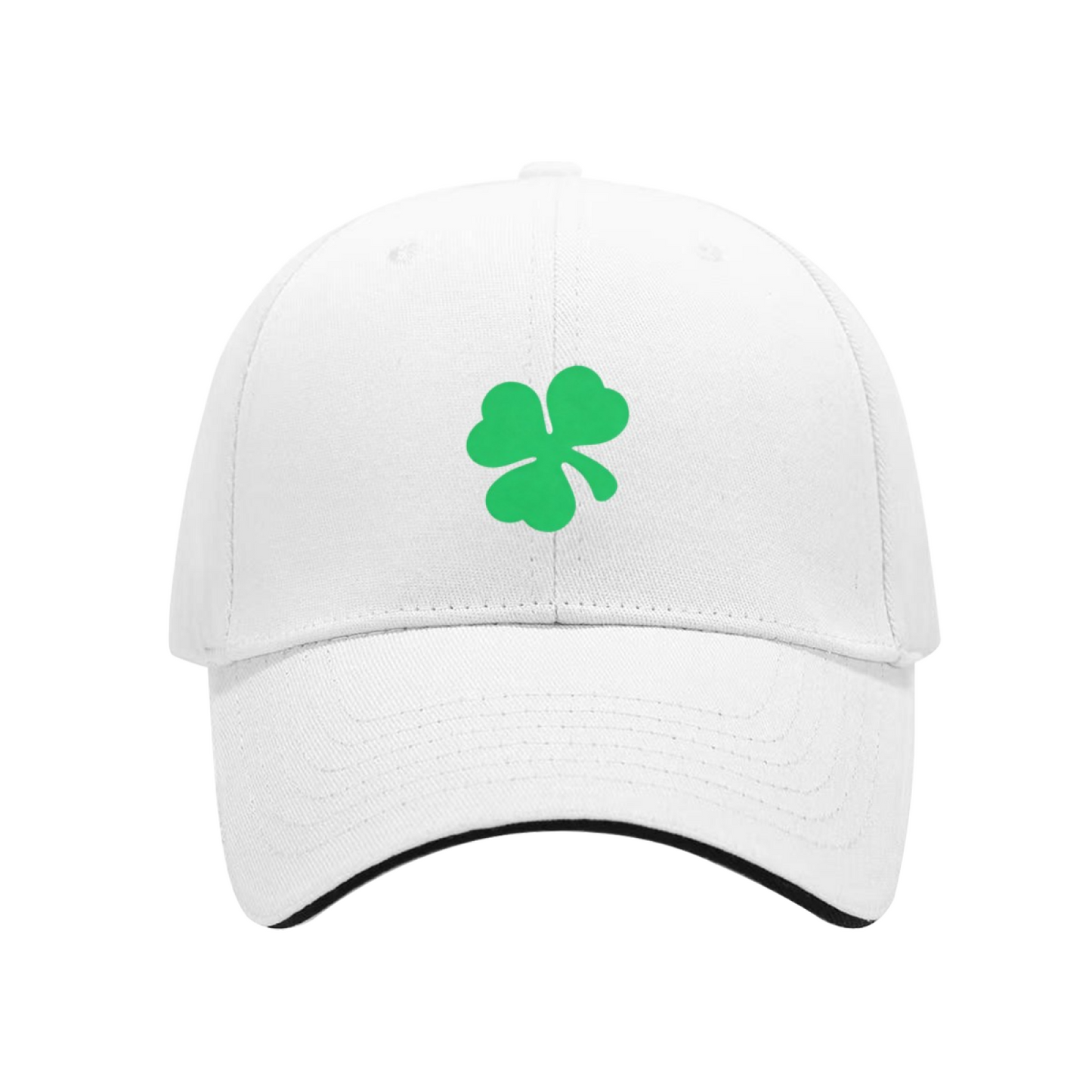 Bright Green Four-Leaf Clover White Sandwich Baseball Cap, Lucky Irish Vibe Hat