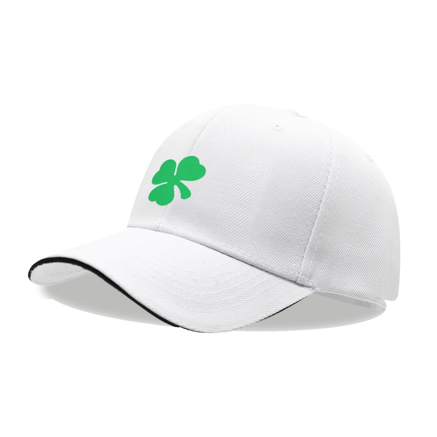 Bright Green Four-Leaf Clover White Sandwich Baseball Cap, Lucky Irish Vibe Hat