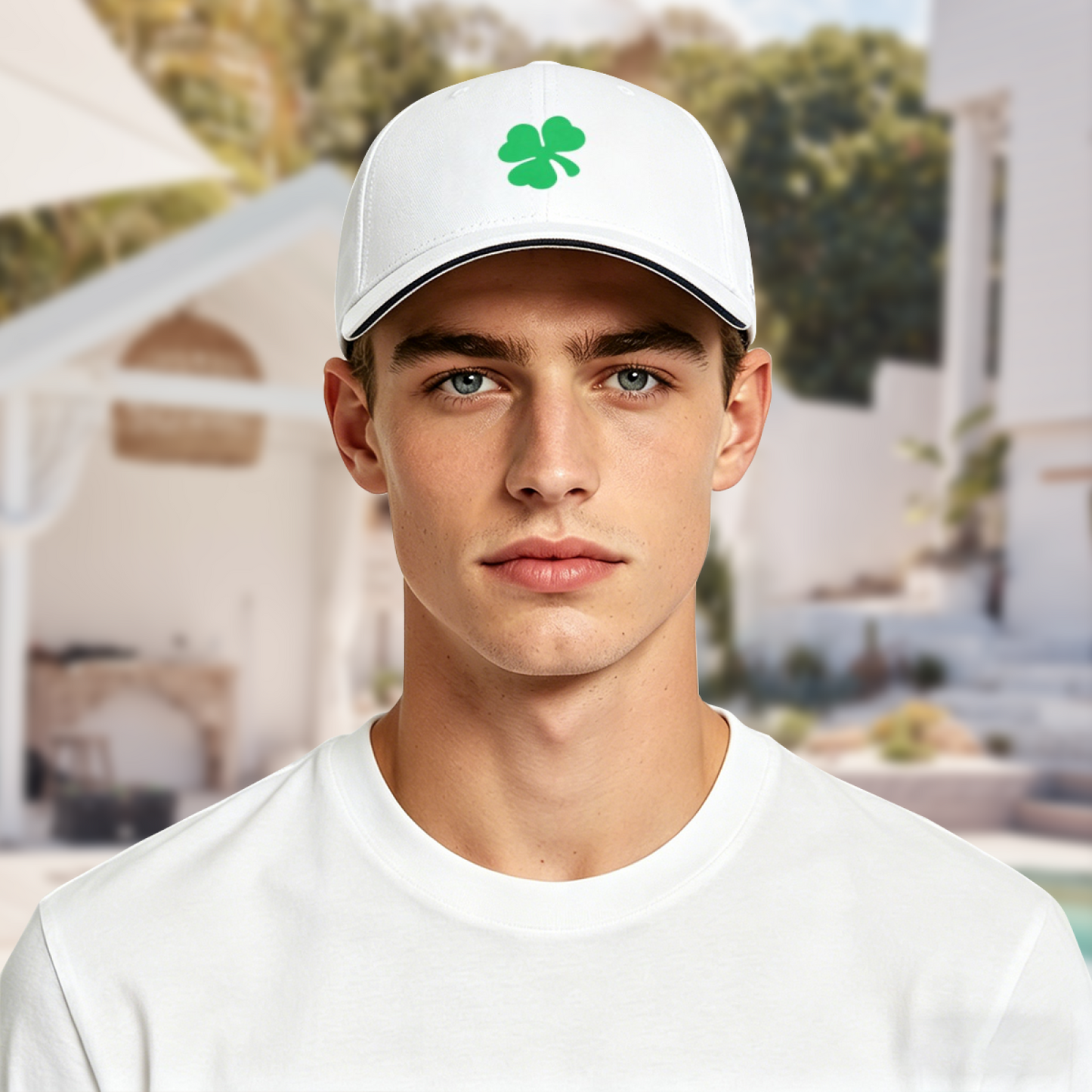 Bright Green Four-Leaf Clover White Sandwich Baseball Cap, Lucky Irish Vibe Hat