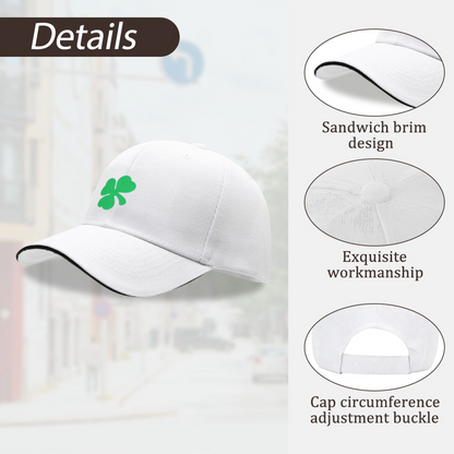 Bright Green Four-Leaf Clover White Sandwich Baseball Cap, Lucky Irish Vibe Hat