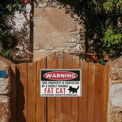 Warning Highly Trained Fat Cat Funny Property Metal Sign