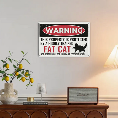 Warning Highly Trained Fat Cat Funny Property Metal Sign