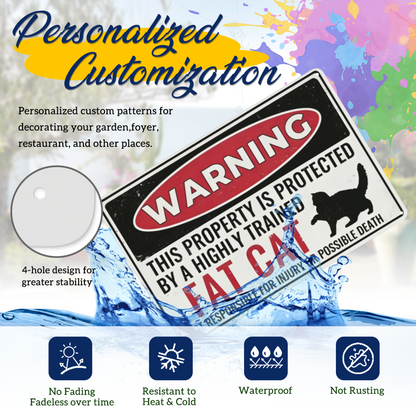 Warning Highly Trained Fat Cat Funny Property Metal Sign