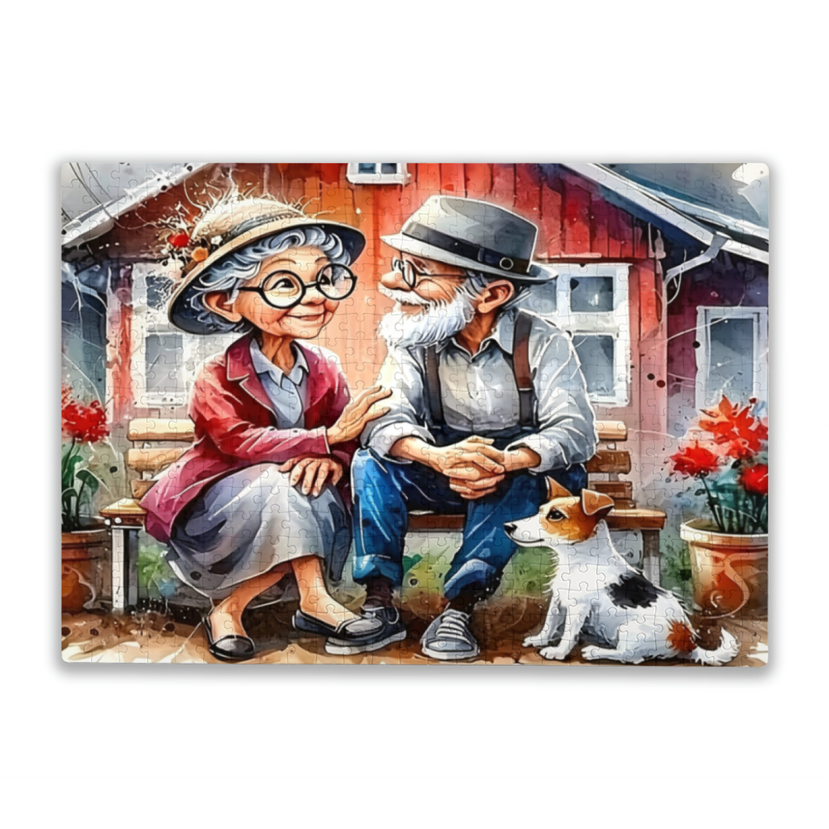 Sweet Elderly Couple & Puppy ¨C Warm Country Backyard Watercolor Puzzle