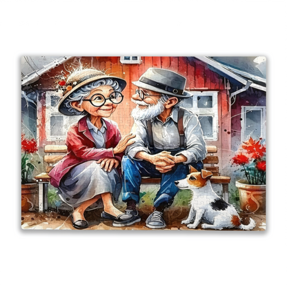 Sweet Elderly Couple & Puppy ¨C Warm Country Backyard Watercolor Puzzle