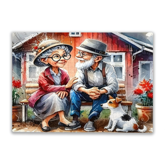 Sweet Elderly Couple & Puppy ¨C Warm Country Backyard Watercolor Puzzle