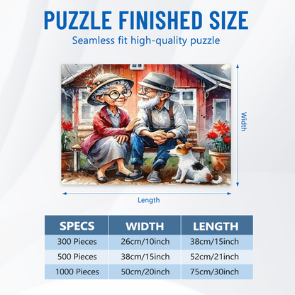 Sweet Elderly Couple & Puppy ¨C Warm Country Backyard Watercolor Puzzle